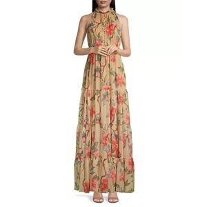 NWD Ieena For Mac Duggal Floral Halterneck Empire Waist Gown Size 0 Nude #1H452